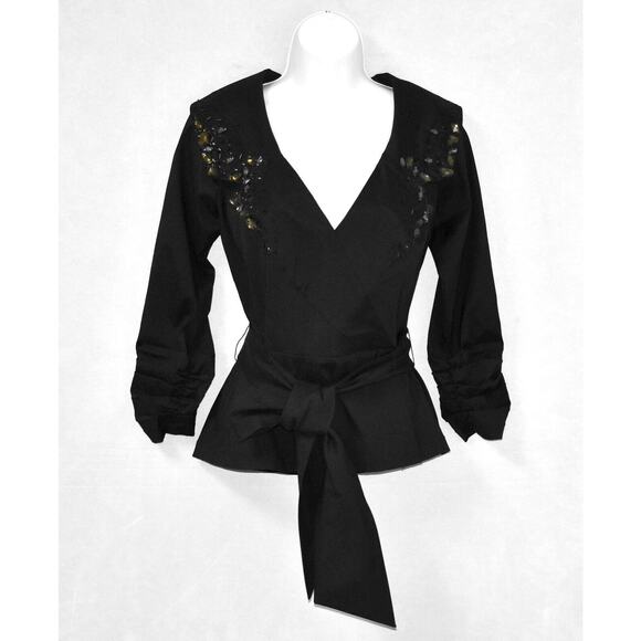 A5 Auth TADASHI SHOJI Black Crystal Beaded Collar Self Belted Back Zip Top Sz 8 - Picture 1 of 7